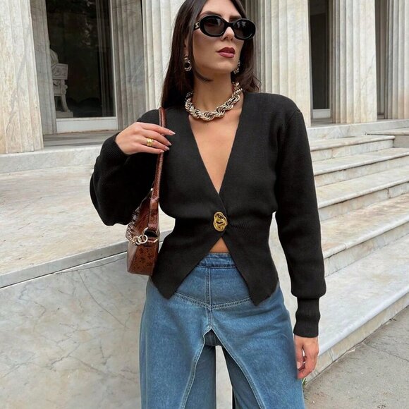 Black Preppy Elegant Minimalist Women's V-neck button detail Sweater Cardigan - Picture 2 of 7